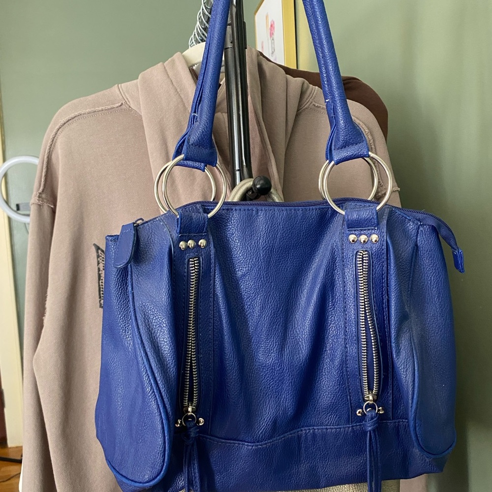 Blue Faux Leather Women's Bag with Silver Accents